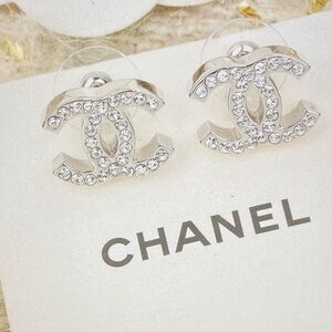 CHANEL Crystal-Embellished Silver CC Logo Earrings